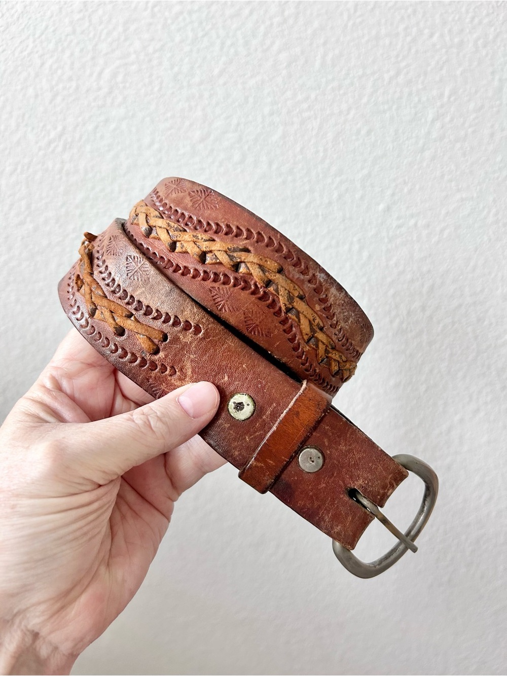 Tooled & Woven Men’s Leather Belt Brown Distressed Western 30”-37”